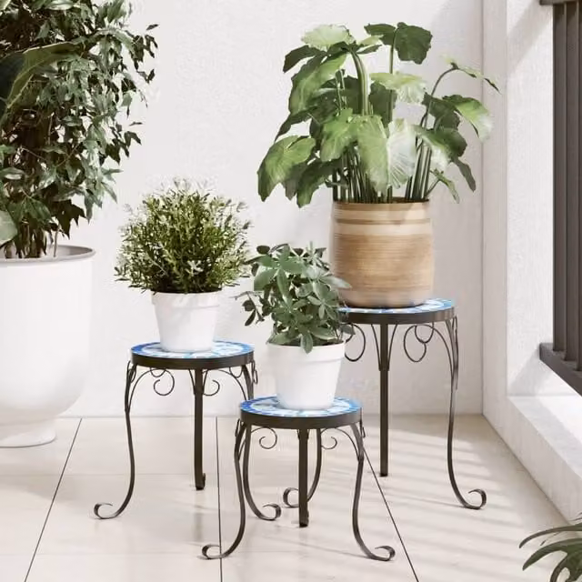 Berkfield Home Set of 3 Mediterranean Blue and White Glossy Ceramic and Metal Tabletop Plant Stands