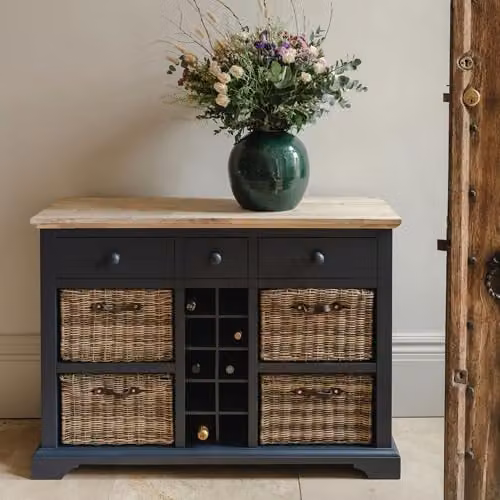 Statement Furniture Florence Sideboard in Navy Blue with Acacia Wood Top, 3 Drawers, 4 Storage Baskets and Wine Rack, W: 120 cm, H: 85 cm, D: 42 cm – 1