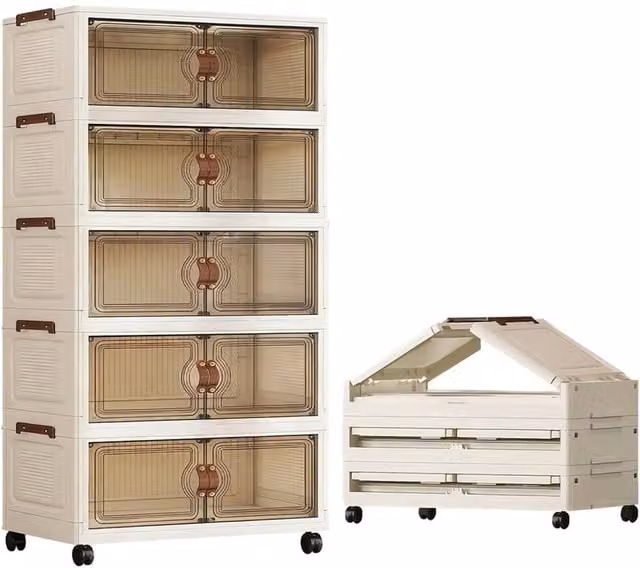Nordara 5-Tier Stackable Storage Cabinet in White with Glass Doors – 1