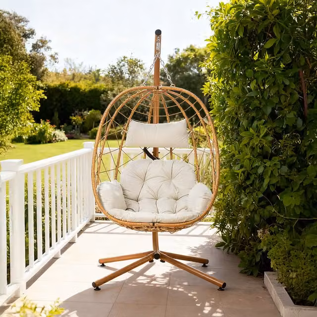 Livingandhome Modern Garden Hanging Egg Chair with Cushions and Headrest in Beige and White