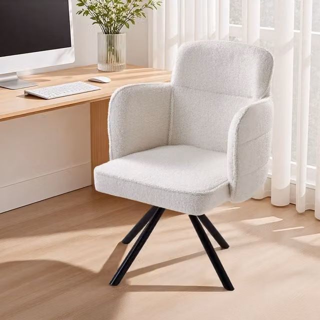Komore White Bouclé Fabric Modern Swivel Tub Armchair with Integrated Armrests and Metal Legs