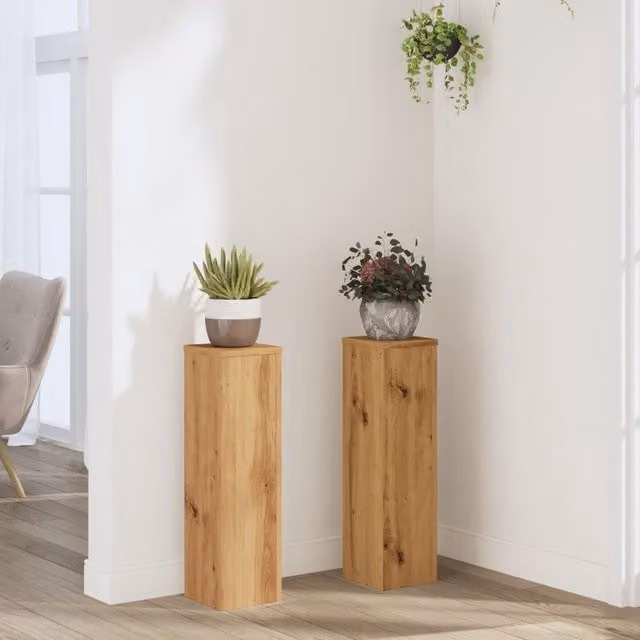 Berkfield Home Set of 2 Modern Square Plant Stands in Brown Oak Wood, W/D/H: 17 x 17 x 60 cm
