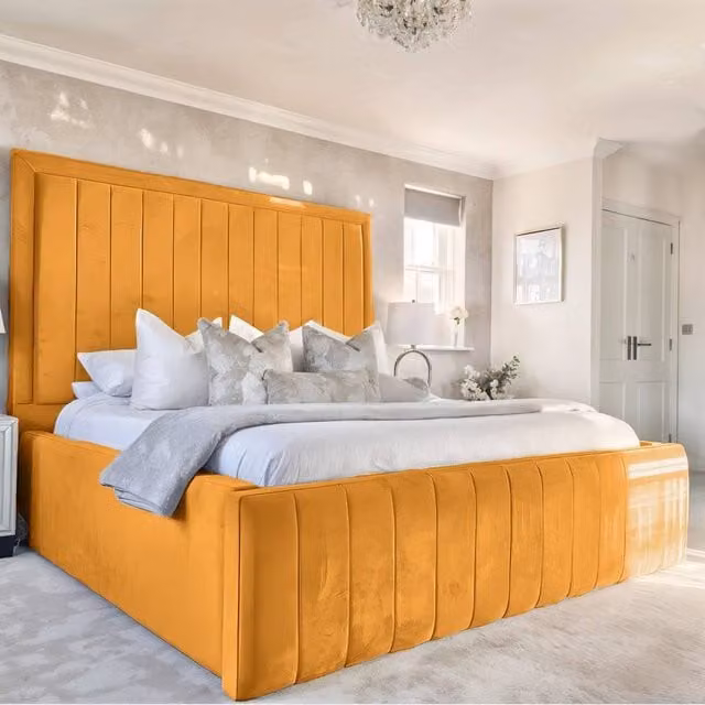 UK Bed Furniture Geneva Upholstered Velvet Bed Frame in Yellow, W/D/H: 140 x 200 cm
