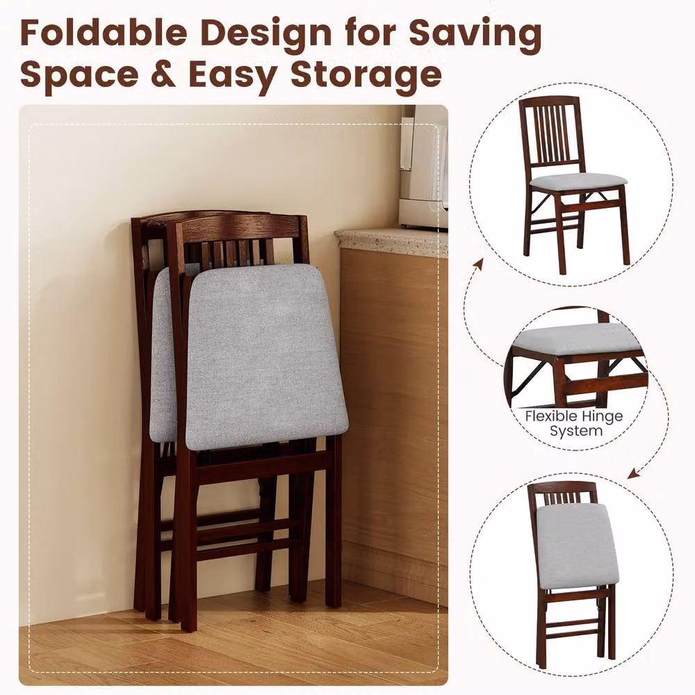 Costway Set of 2 Grey Upholstered Folding Dining Chairs with Vintage Rubberwood Finish – 8