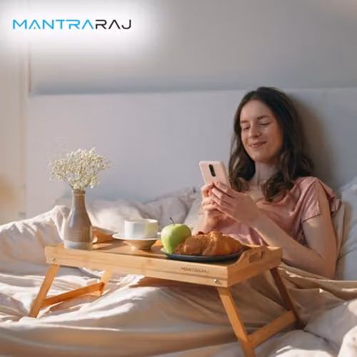 Mantraraj Bamboo Bed Tray Table Pack of 2 in Natural Brown with Foldable Legs and Handles – 4