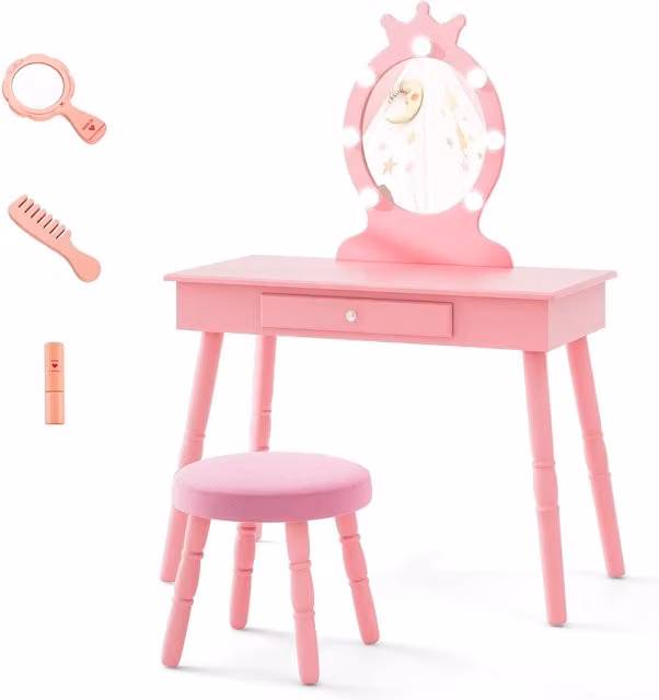 Gymax Kids Vanity Table Set with Stool and LED Hollywood Mirror in Pink