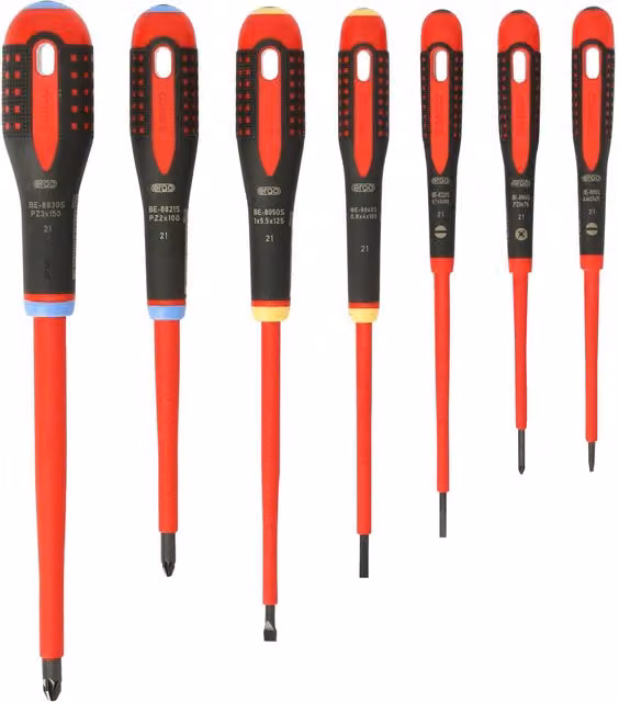 Bahco ERGO VDE Insulated 7-Piece Screwdriver Set with Black Oxide Tips in Black and Red
