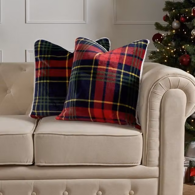 OHS Pack of 2 Oxford Flannel Check Cushion Covers in Navy and Red