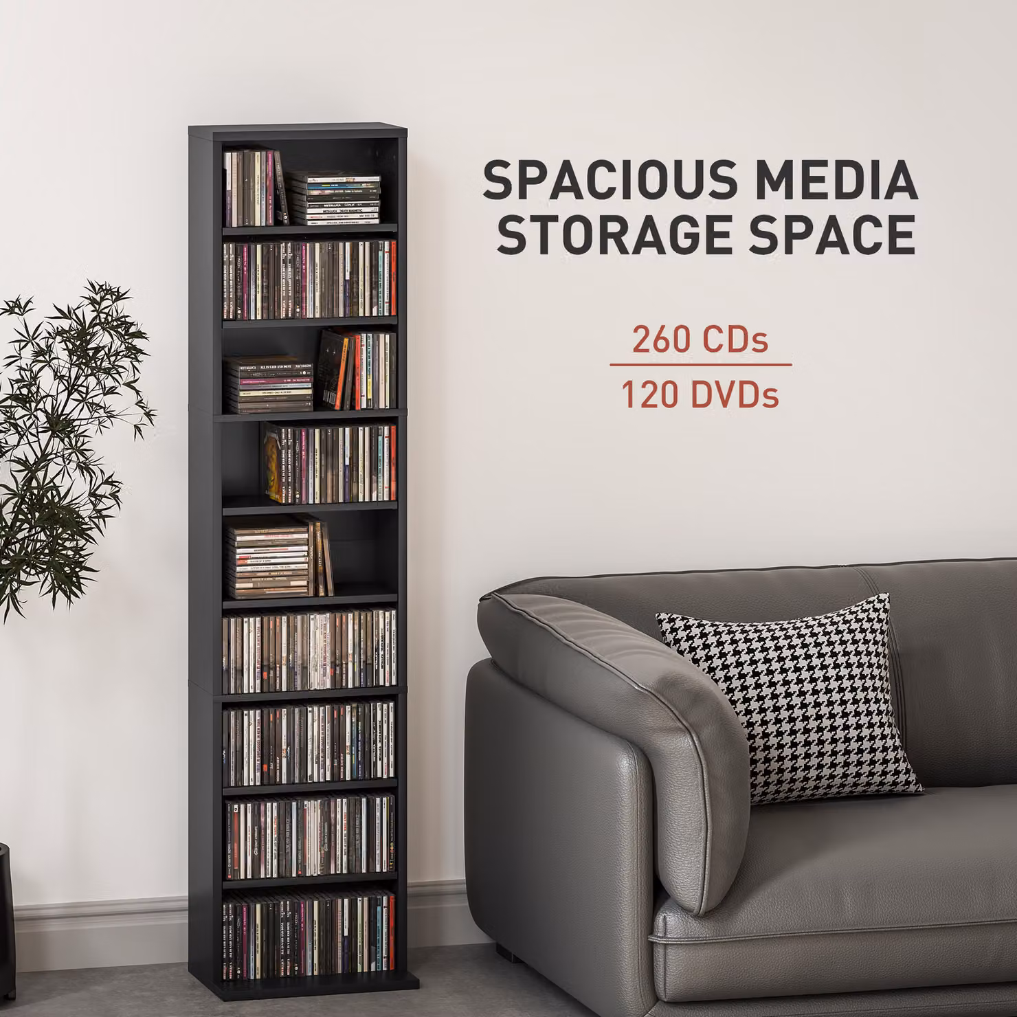 HOMCOM 260 Narrow Black CD Storage Unit with Adjustable Shelves and Media Compartments – 4