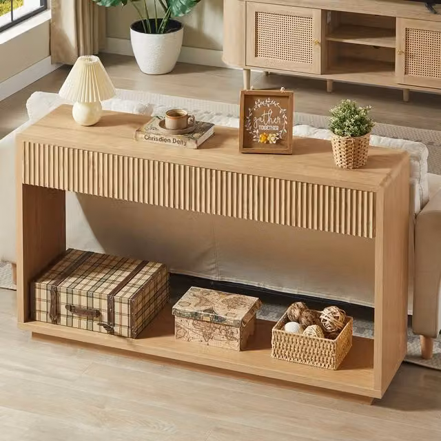 Matteo Modern Hall Storage Cabinet in Oak Effect with Fluted Detail and Open Shelving in Brown and Beige