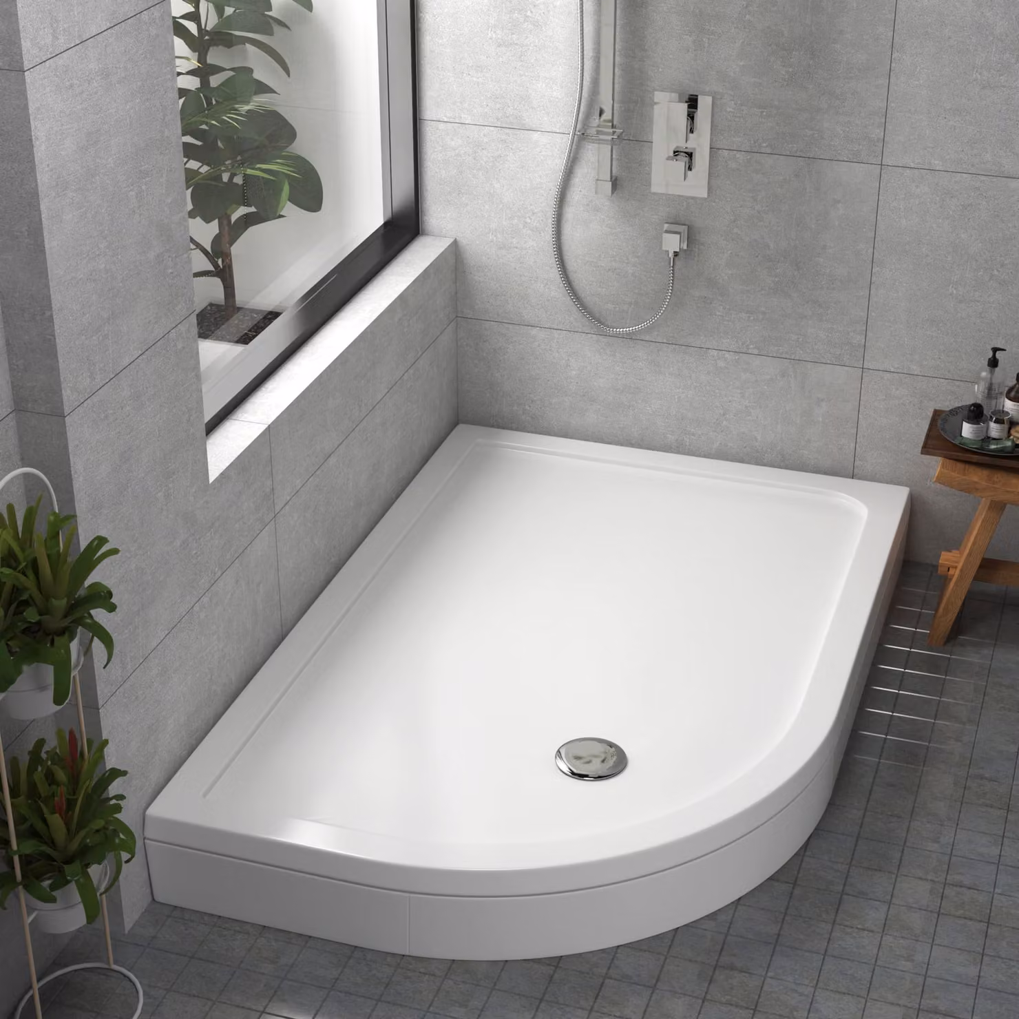Apex White Mineral Cast Left Handed Offset Quadrant Corner Stone Shower Tray with Riser Kit