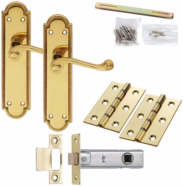 Loops Brass Slim Victorian Scroll Lever Door Handle and Latch Pack with Reeded Backplate in Polished Gold