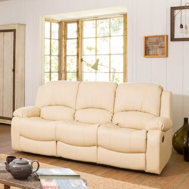 Artemis Home Glendale 3 Seat Manual Recliner Sofa in Cream Synthetic Leather, W: 201 cm, D: 103 cm, H: 103 cm