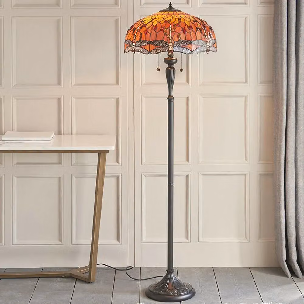 Loops Tiffany Twin Floor Lamp with Dragonfly Stained Glass Shade in Dark Bronze, Height: 156 cm – 3
