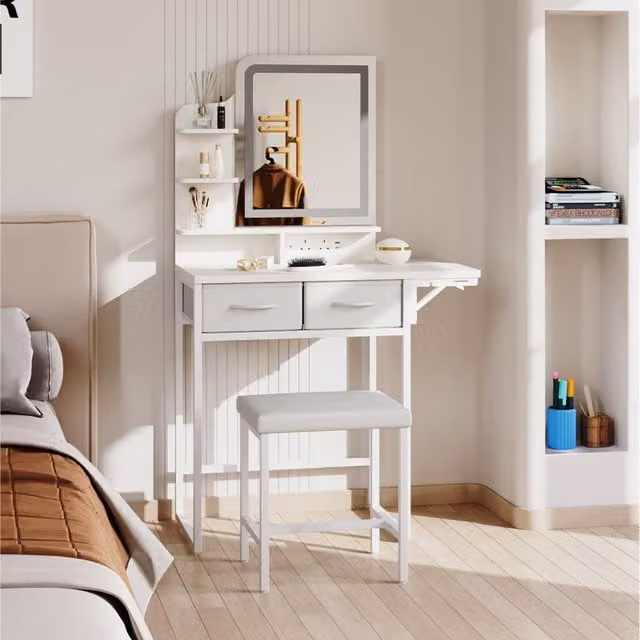 Livingandhome Modern White LED Mirror Dressing Table and Stool Set with Hollywood LED Lighting and Power Strip