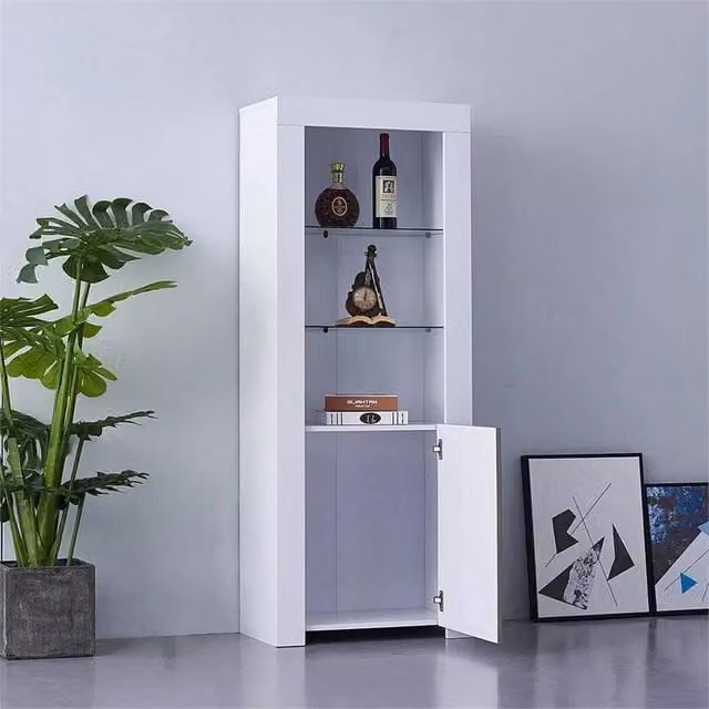 SPETLEK Modern High Gloss White Tall Display Cabinet with Integrated LED Lighting and Glass Doors – 1