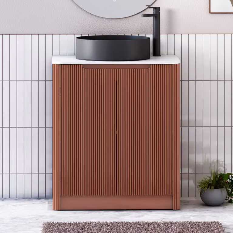 Royal Bathrooms Avenza 700mm Terracotta Clay Floor Standing 2 Door Vanity Unit with Plain White Worktop and Art Round Black Basin