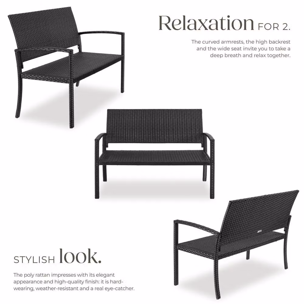 tectake Murat 2-Seater Rattan Garden Bench in Matt Black – 3