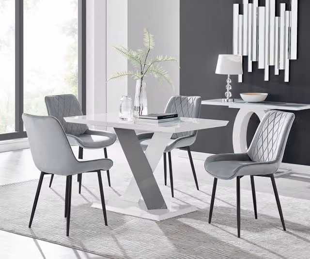 Furniturebox Monza White High Gloss Rectangular Dining Table with 4 Grey Pesaro Black Leg Chairs