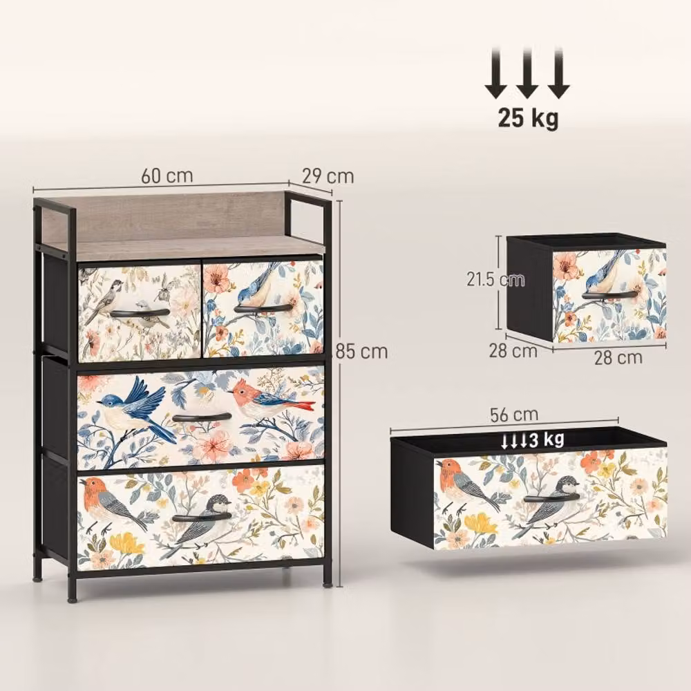 STILVORA 4 Drawer Chest of Drawers with Wooden Structure in White and Multicolour Floral Design – 4