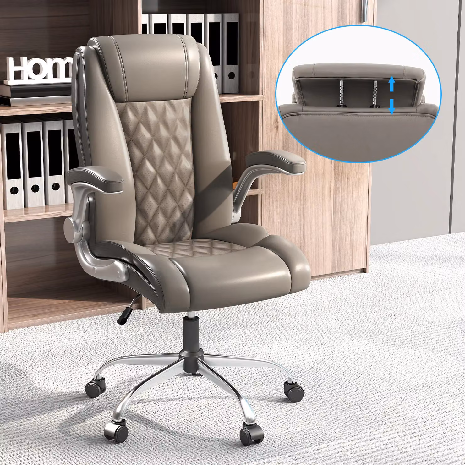 Costway Grey PU Leather Executive Office Chair with Headrest and Armrests – 3
