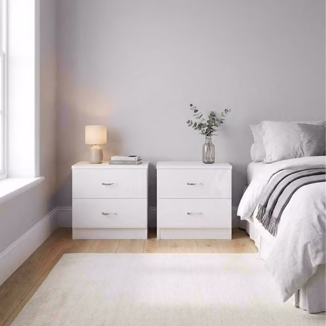 FWStyle Pair of White Glossy 2 Drawer Bedside Tables