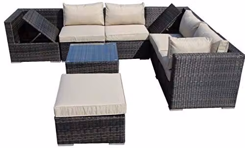 Chusstang Modular Rattan Garden Furniture Set with Corner Sofa Bed and Chaise Lounge in Brown with Beige Cushions – 2