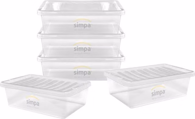 Simpa Set of 5 Compact Underbed Plastic Storage Boxes with Lids, 32L, Transparent