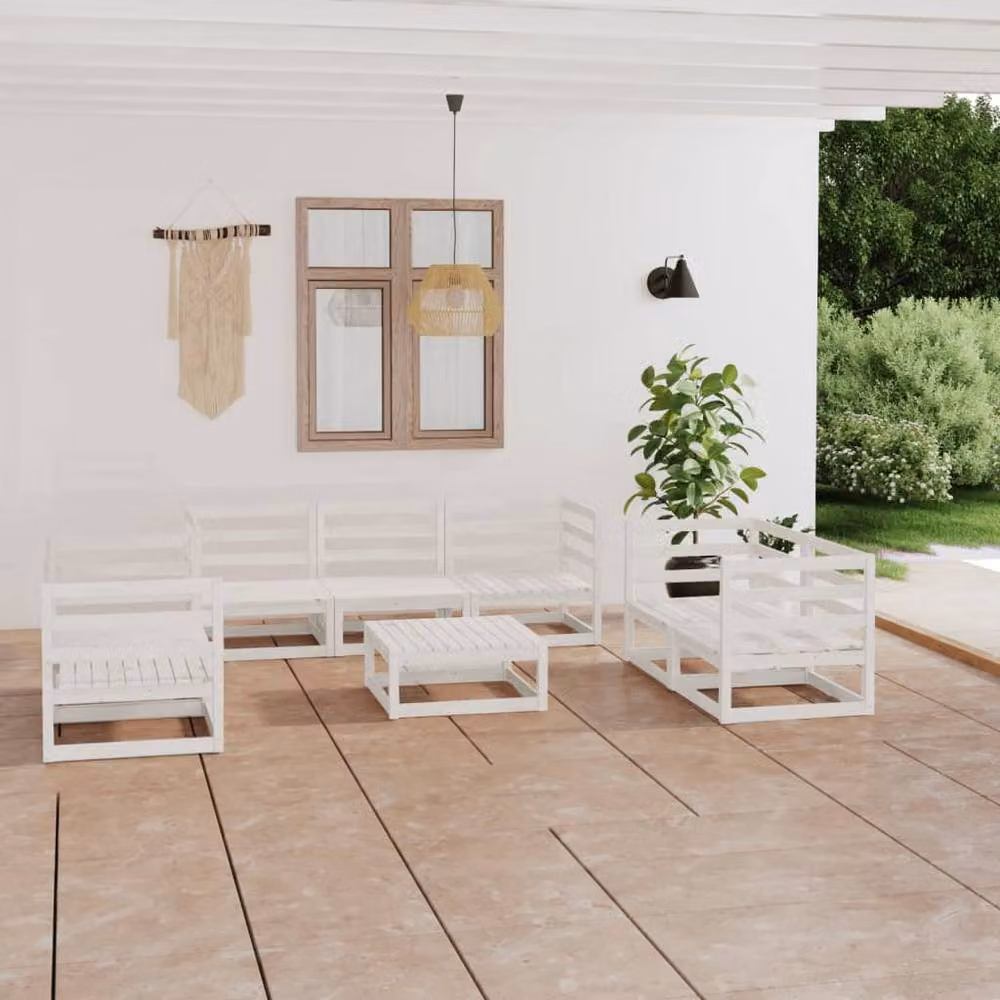Berkfield Home 8 Piece White Solid Wood Pine Garden Lounge Set with Matching Ottoman – 2