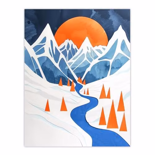 Artery8 Abstract River Mountain Winter Snow Landscape Wall Art Poster Print, Multicolour, W: 46 cm, H: 61 cm – 1