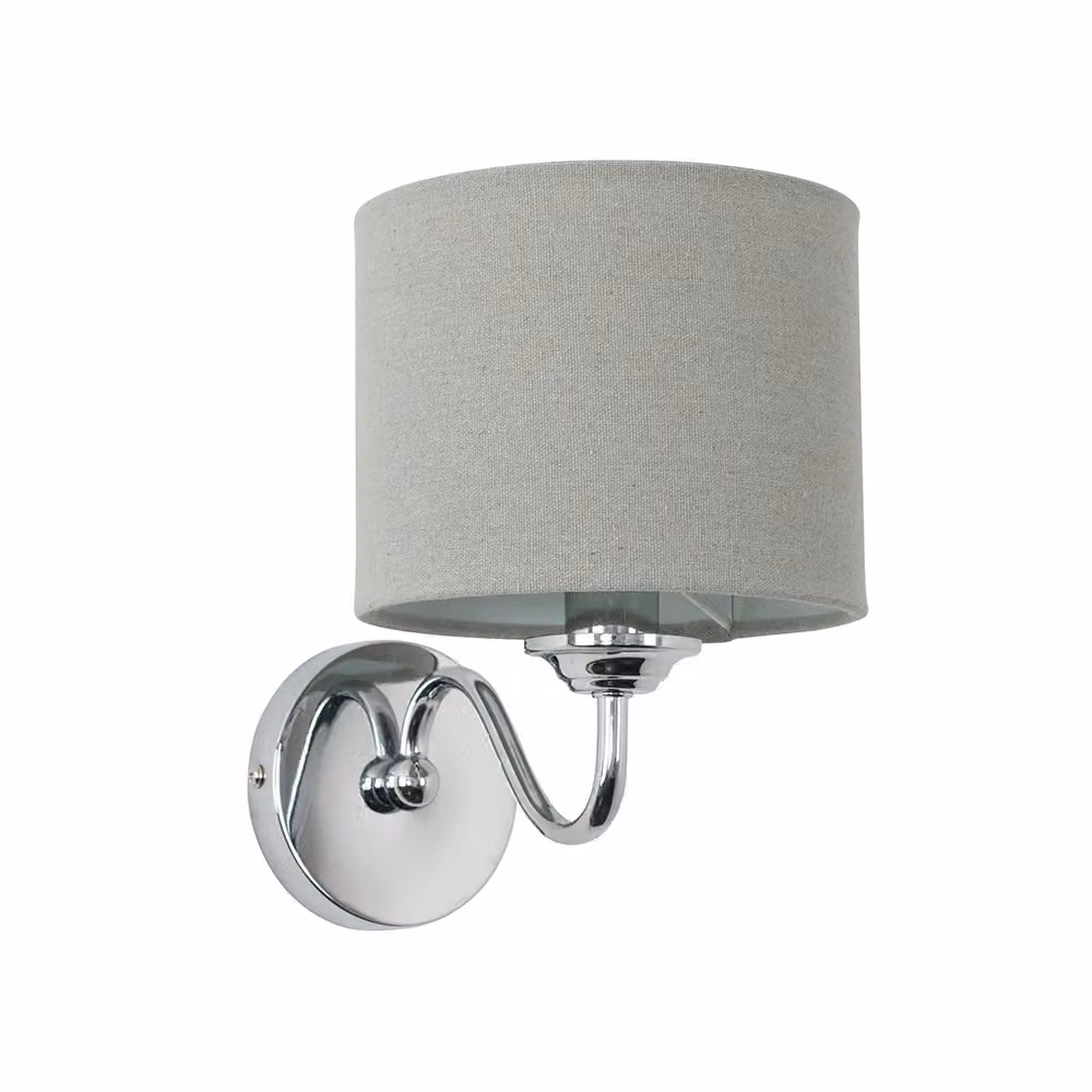 MiniSun Modern Chrome Curved Arm Wall Light with Grey Linen Drum Shade – 2