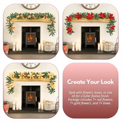 Marco Paul 9ft Pre-Lit Christmas Garland with Red and Gold Flowers and Green Accents – 4