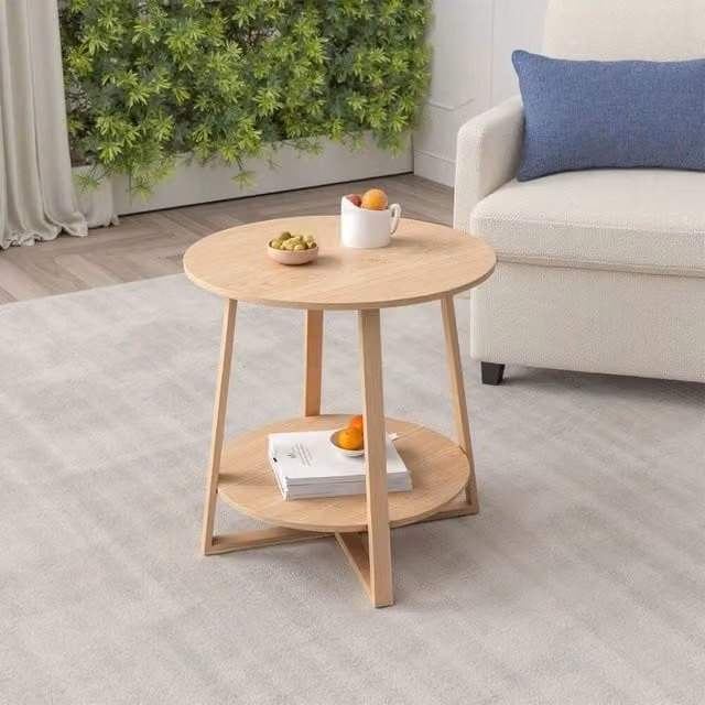 KORVIXA 2 Tier Modern Round Wood Sofa Side Table in Brown, W/D/H: 60 x 60 x 60 cm – 1