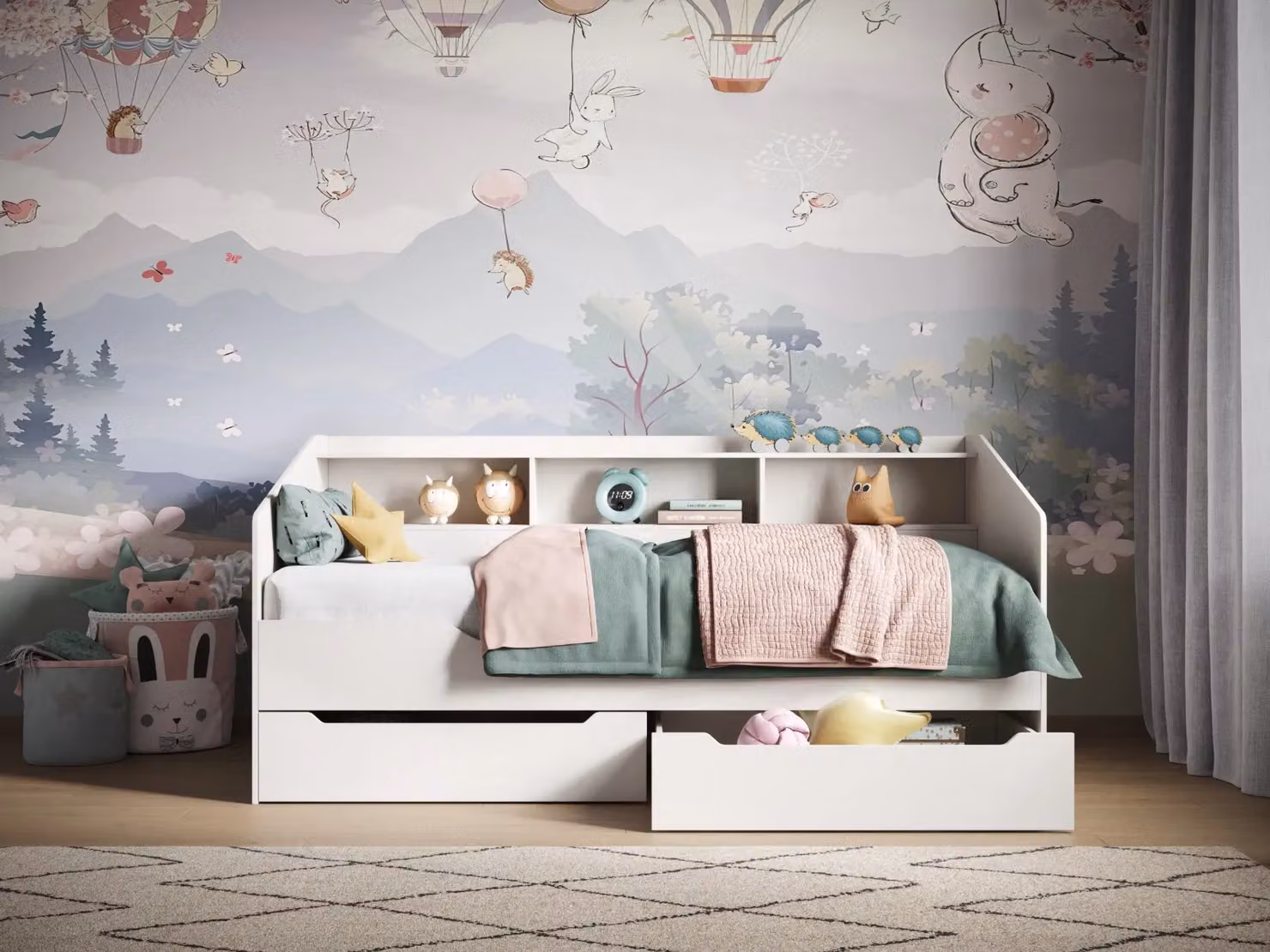 Flair Leni Day Bed in White and Grey with Oak Solid Wood Drawers, W/D/H: 200 x 90 x 76.5 cm – 2
