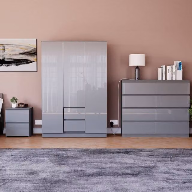 HD Designs Vida Designs Glinton 3 Piece Grey Glossy Bedroom Set – 1