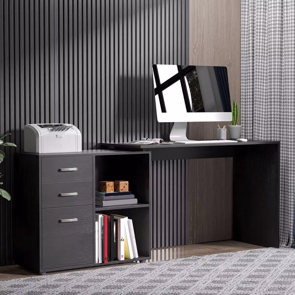 Rolipo Black L-Shaped Corner Computer Desk with Drawers and File Cabinet – 3