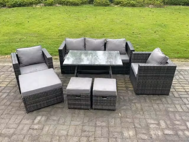 Fimous 8 Seater Rattan Outdoor Garden Dining Set in Dark Grey with Dining Table, 2 Armchairs and 3 Stools