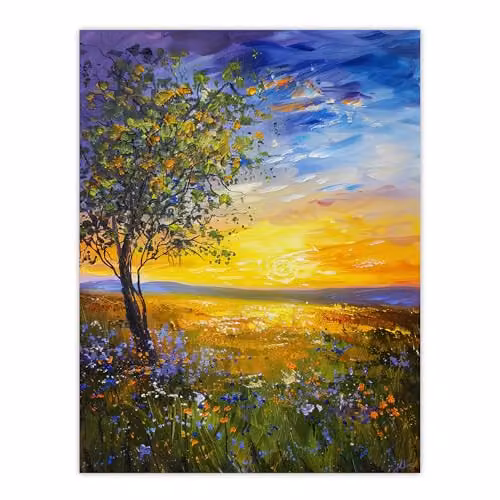 Artery8 Tree Wildflower Meadow at Sunset Oil Painting Reproduction Multicolour Paper Poster Print W/H: 46 x 61 cm – 1