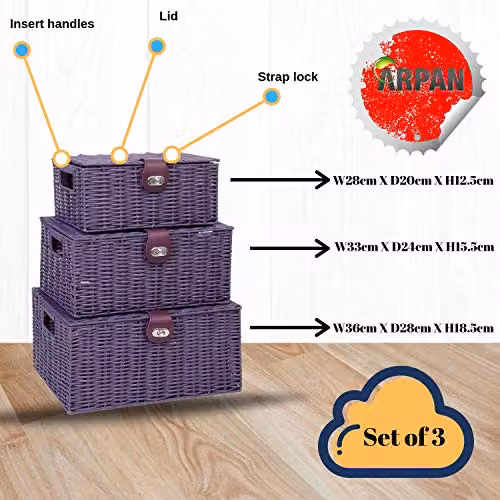 Arpan Set of 3 Resin Woven Storage Basket Boxes with Lid and Lock in Purple and White – 4