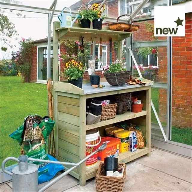 Cheshire Deluxe Potting Bench Workstation in Light Oak, W/D/H: 152.4 x 50.8 x 50.8 cm