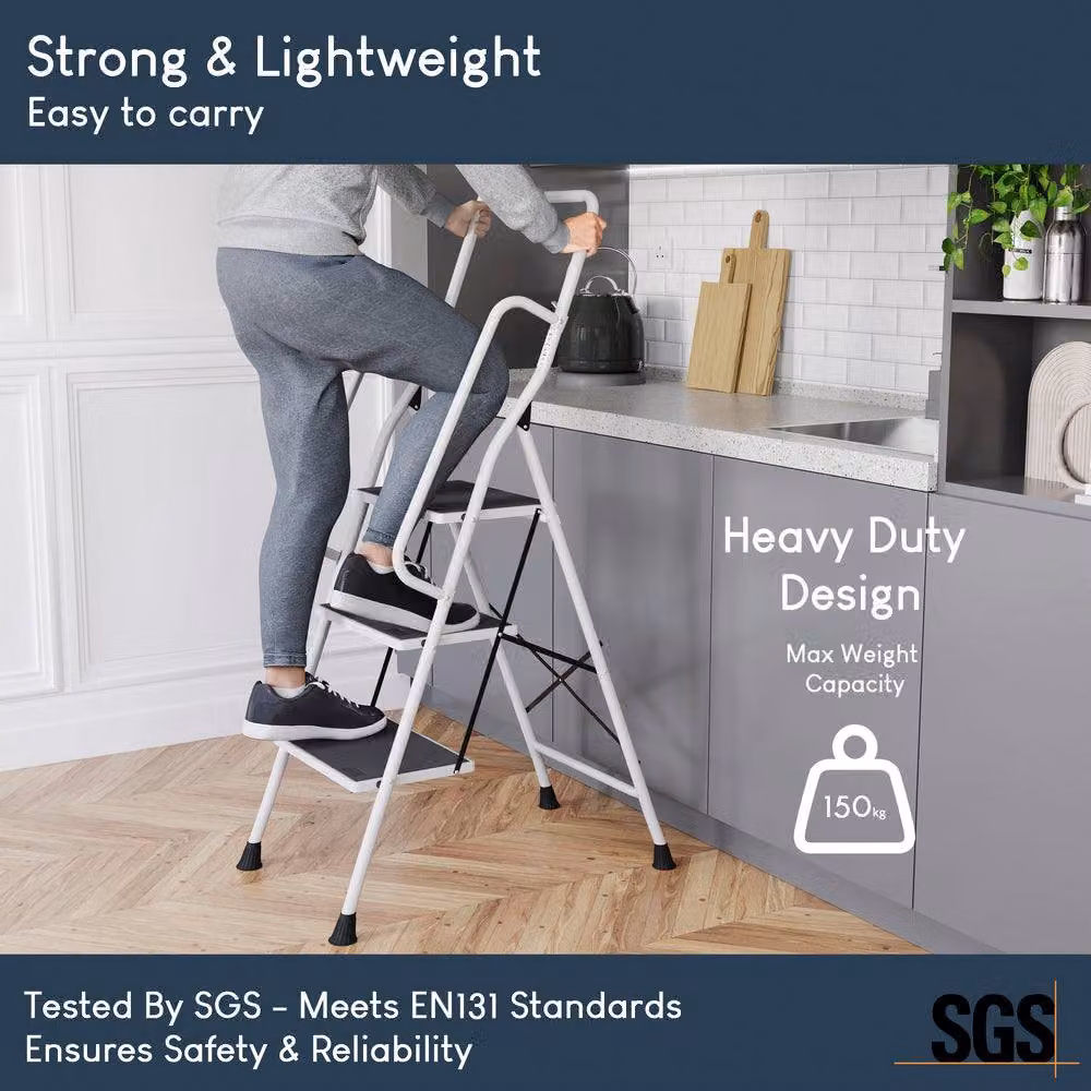 HD Designs Home Vida Foldable 3 Step Ladder with Handrail in White – 6