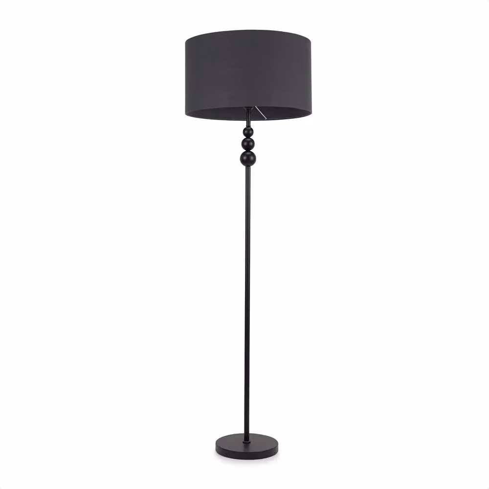 ValueLights Matt Black Stacked Ball Floor Lamp with Charcoal Grey Fabric Drum Shade and LED Bulb – 2
