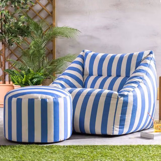 ICON Natalia Striped Armchair Bean Bag and Footstool in Cobalt Blue Maritime Fabric