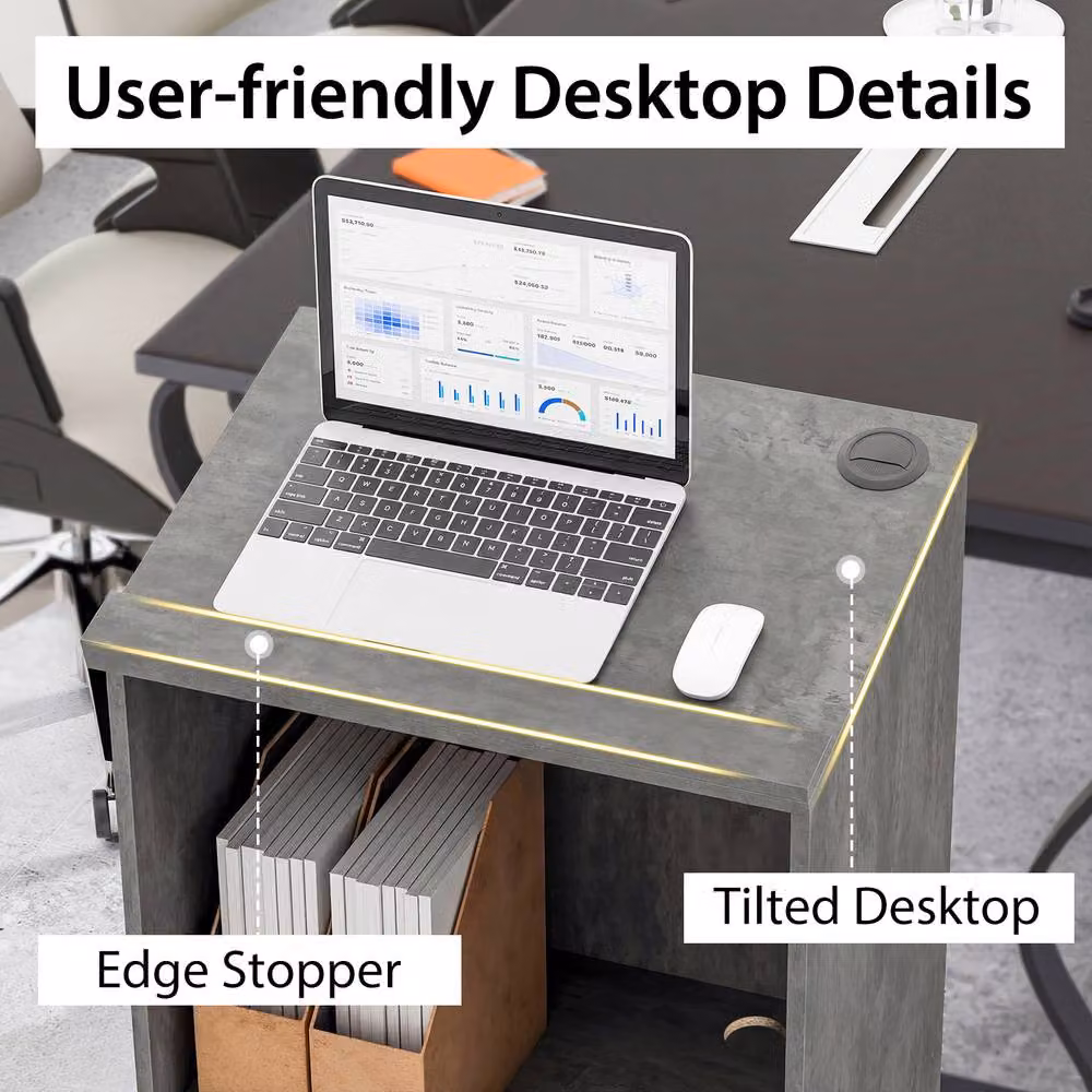 Gymax Grey Hostess Stand Podium Lectern Desk with Shelf and Tilting Top, Height: 117 cm – 4