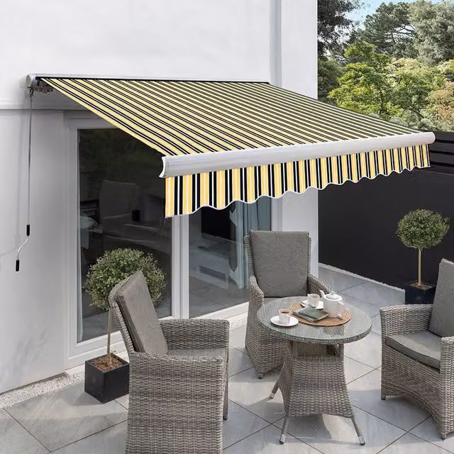 Primrose Full Cassette Electric Patio Awning with 4m Canopy in Yellow and Grey Stripe
