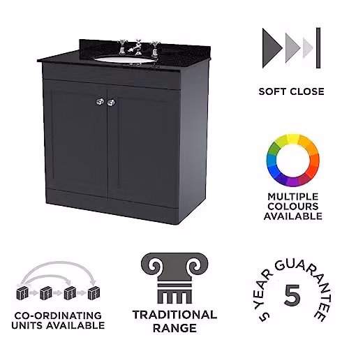 nuie Classique CLC1426BR3 Floor Standing 2 Door Bathroom Unit with 3 Tap Hole Marble Worktop and Round Basin, Satin Anthracite and Soft Black, W: 82 cm, D: 48.5 cm, H: 87.8 cm – 3
