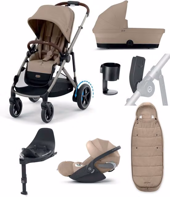 Cybex e-Gazelle S Electric Single to Double Pushchair Bundle with Cybex Cloud T+ i-Size Rotating Car Seat, 7 Pieces, Almond Beige/Cozy Beige