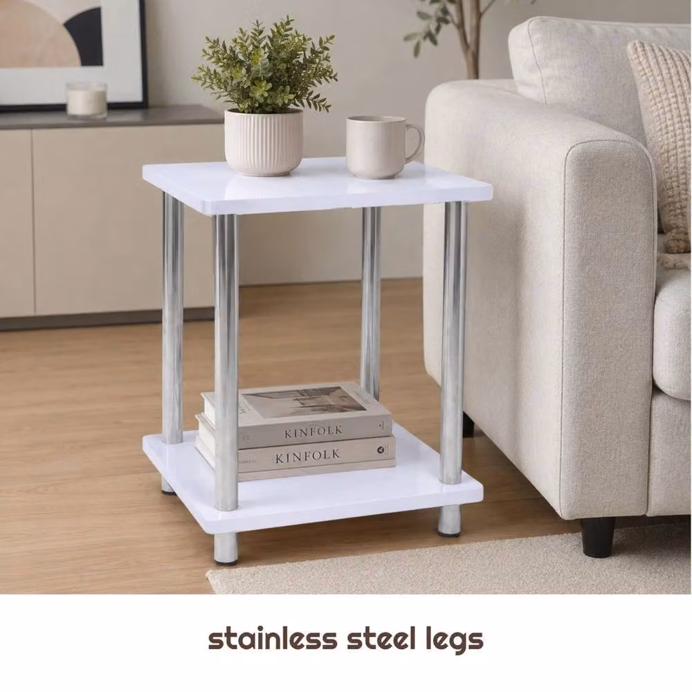 FORGEVIO White Gloss 2 Tier Modern Side Table with Metal Legs – 3