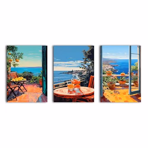 Simpa 3 Panel Canvas Wall Art Terrace Ocean Views Multicolour Landscape Nature Decor W/H: 60 x 40 cm – 1