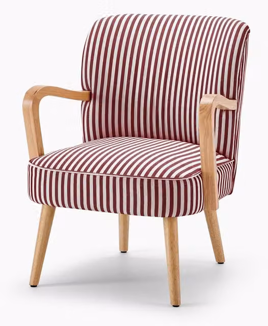 FurnitureboxUK Sylvie Mid-Century Tub Accent Chair with Striped Fabric and Oak Effect Legs in Red